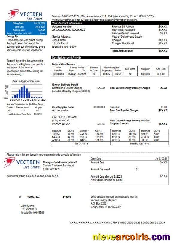 USA Ohio Vectren Energy utility bill
